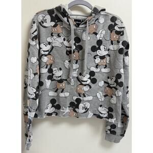 Disney Mickey Mouse Hoodie Women's Medium‎ Gray Cropped Pullover Sweatshirt